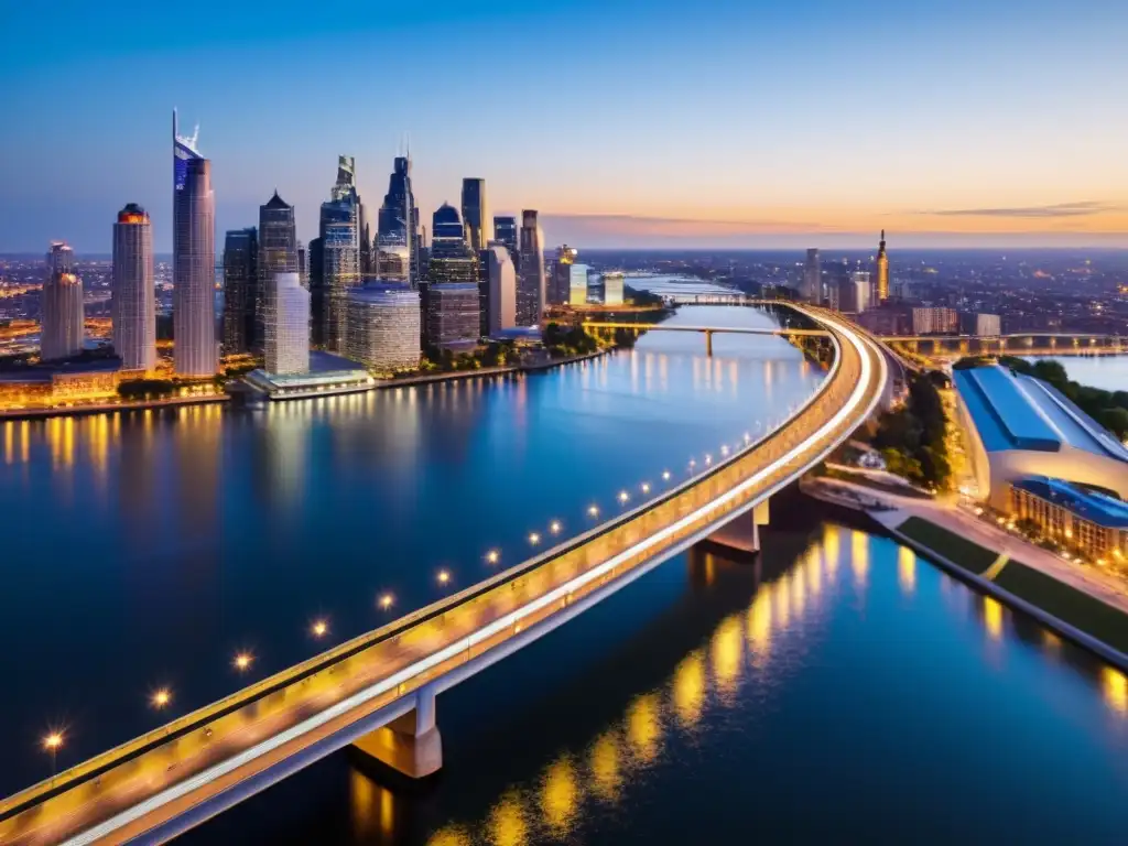 Un impresionante puente moderno iluminado por la ciudad, reflejándose en el río