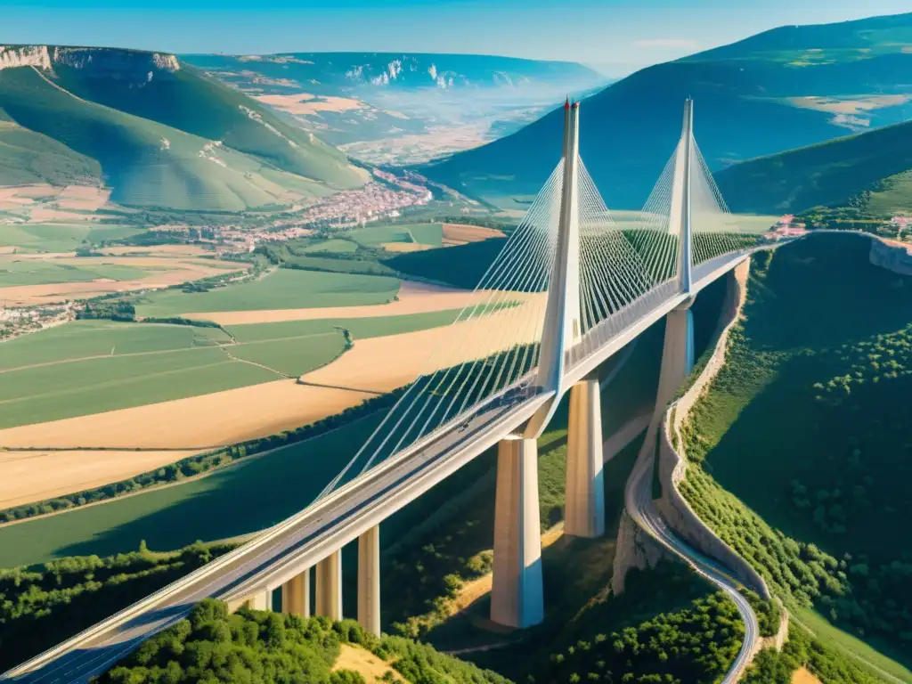 Un impresionante puente moderno en Francia, con líneas elegantes y una ingeniería icónica