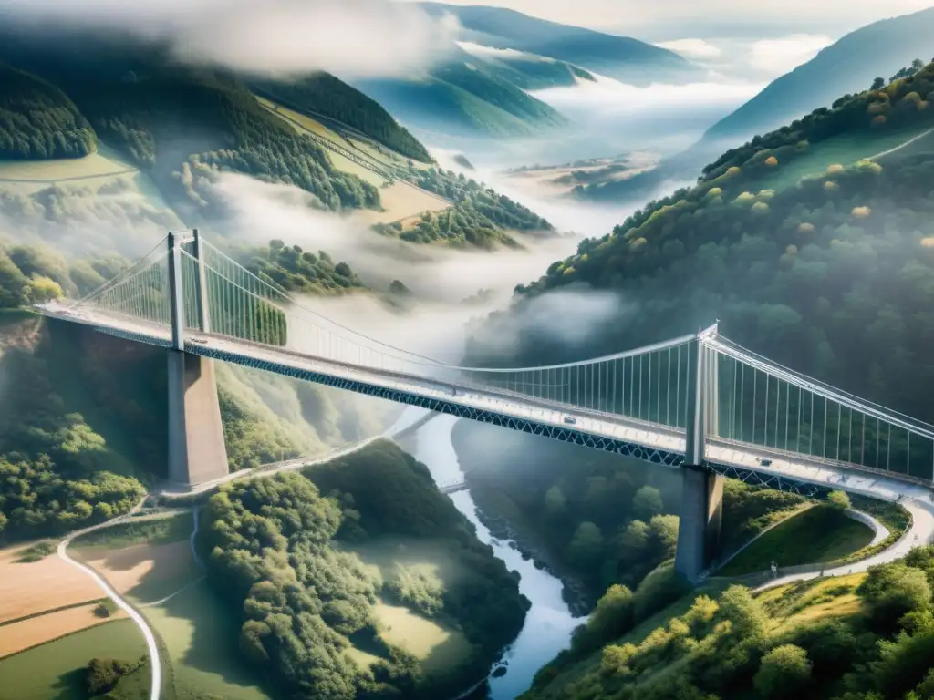 Una impresionante fotografía de alta resolución de un puente de suspensión moderno que se extiende a través de un valle brumoso y soleado