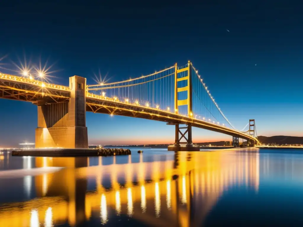 Impresionante puente de noche iluminado con reflectores para resaltar arquitectura puentes