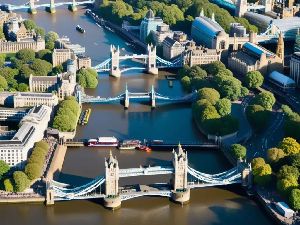 Un impresionante puente de la Torre de Londres sobre el río Támesis, con tráfico y peatones, resplandeciendo bajo el sol en la moderna ciudad