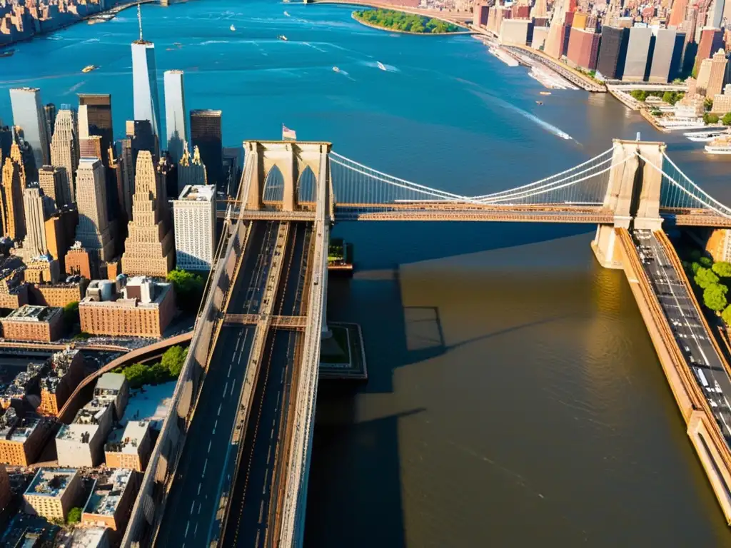 Impresionante puente urbano de Nueva York al atardecer, con sus cables de acero y torres góticas destacando en el horizonte