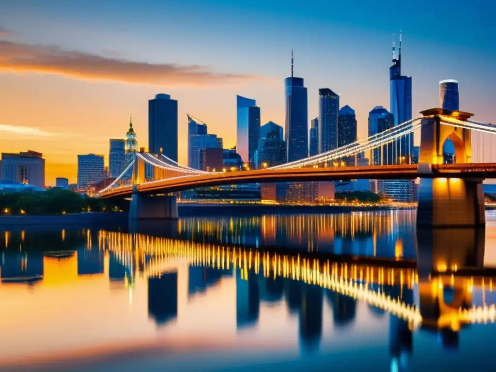 Un impresionante puente urbano moderno iluminado por el sol, rodeado de rascacielos y edificios históricos