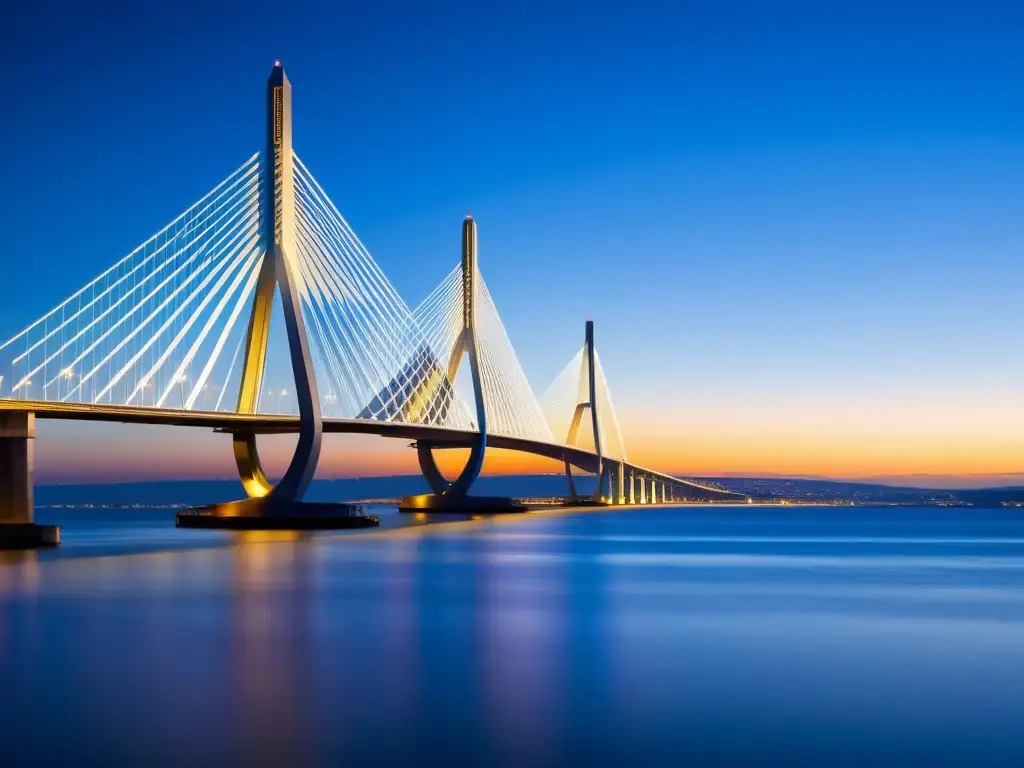 Una fotografía impresionante del Puente Vasco da Gama en Lisboa, Portugal, resaltando su ingeniería y belleza con el atardecer iluminando la escena