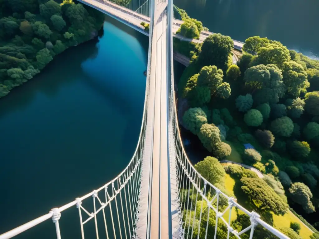 Diseño impresionante de puentes colgantes, capturando su elegantearquitectura y la integración con el entorno natural desde una perspectiva aérea