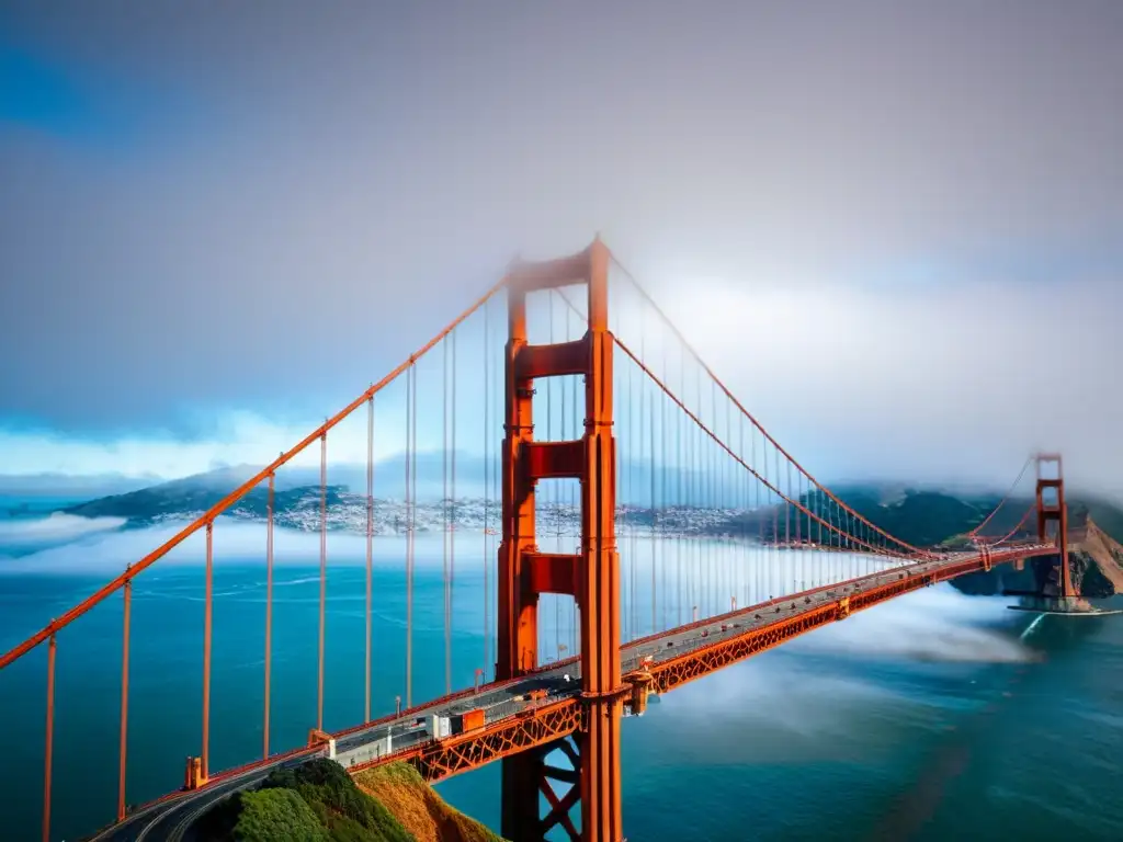 Diseño impresionante de puentes colgantes arquitectura: el icónico Puente Golden Gate emerge majestuoso entre la niebla, destacando su monumental escala y la intrincada red de cables y travesaños que lo sustentan