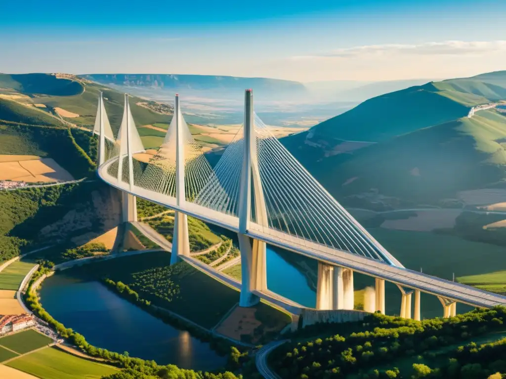 Un impresionante viaducto de Millau en Francia, bañado por la cálida luz dorada del atardecer, muestra su elegante diseño curvo y la maravilla estructural de sus imponentes pilares y amplia carretera