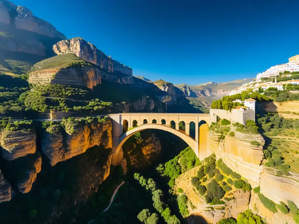 Impresionante vista aérea de Puente Nuevo de Ronda sobre El Tajo, mostrando la arquitectura y el entorno natural