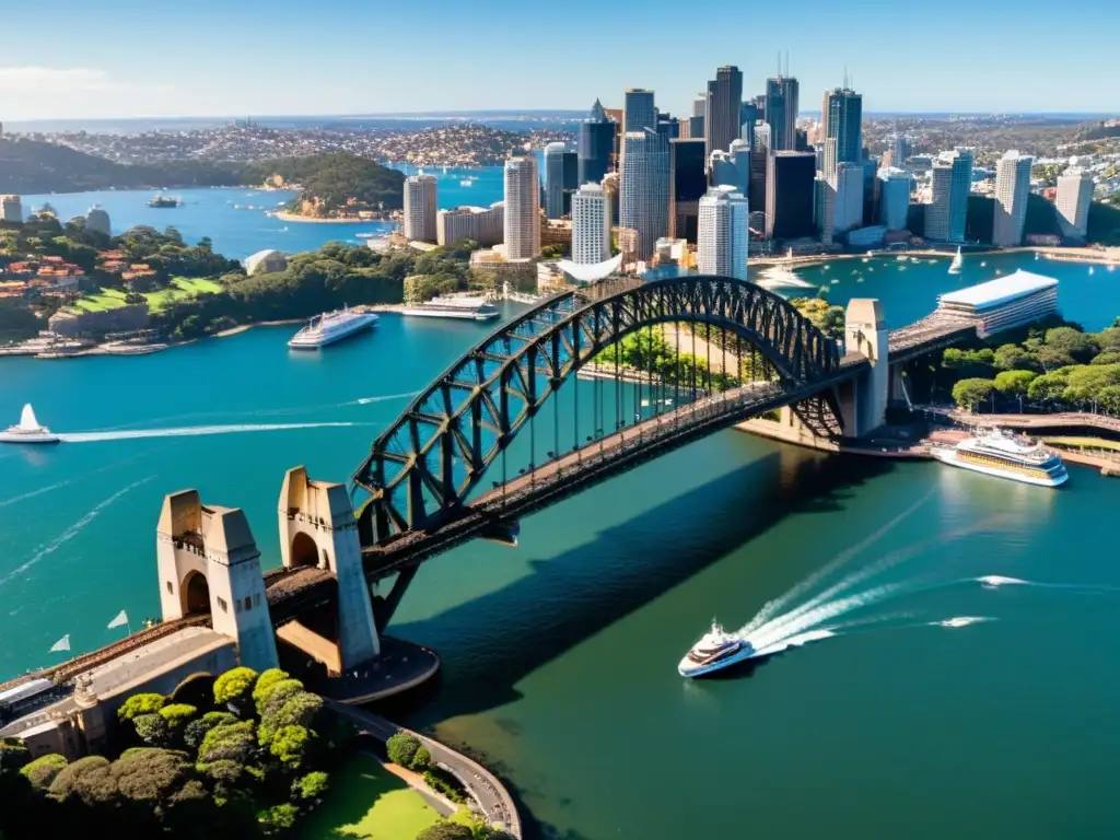 Impresionante vista aérea del Puente de la Bahía de Sydney, destacando su grandiosidad y la ingeniería que lo sustenta