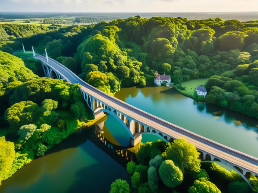 Innovación y tradición se unen en esta impresionante vista aérea de un puente histórico, capturada por un dron