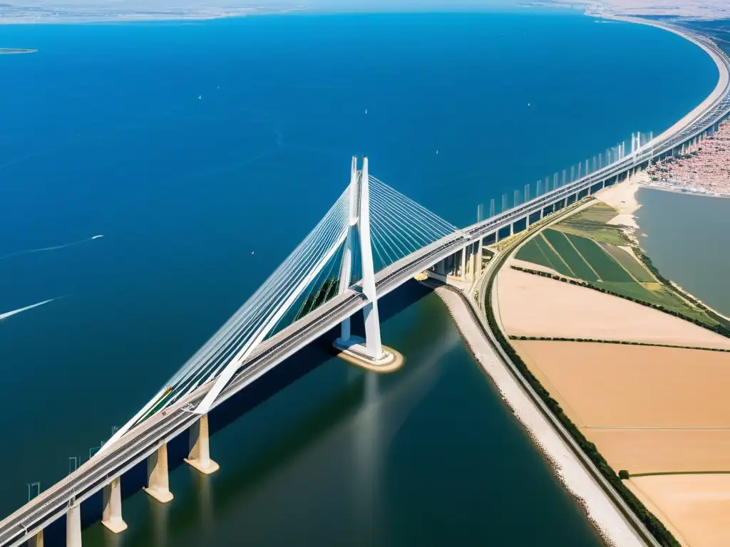 Una impresionante vista aérea de alta resolución del Puente Vasco da Gama sobre el río Tajo, destacando su ingeniería y diseño moderno, con el resplandor del sol sobre los cables blancos y el paisaje grandioso que lo rodea