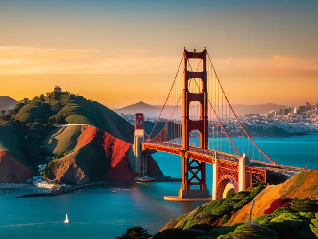 Impresionante vista del Puente Golden Gate al atardecer, destacando su icónica estructura roja contra el cálido cielo dorado