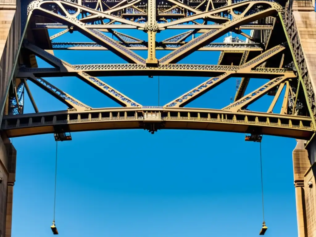 Una impresionante vista detallada del arco del Puente de la Bahía de Sídney, revelando la intrincada red de vigas de acero, remaches y cables