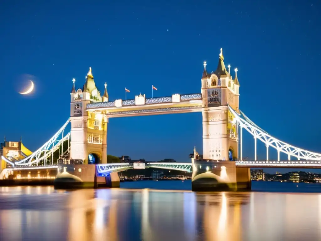 Una impresionante vista nocturna del icónico Puente de la Torre de Londres, con observaciones astronómicas y el reflejo dorado en el río Támesis