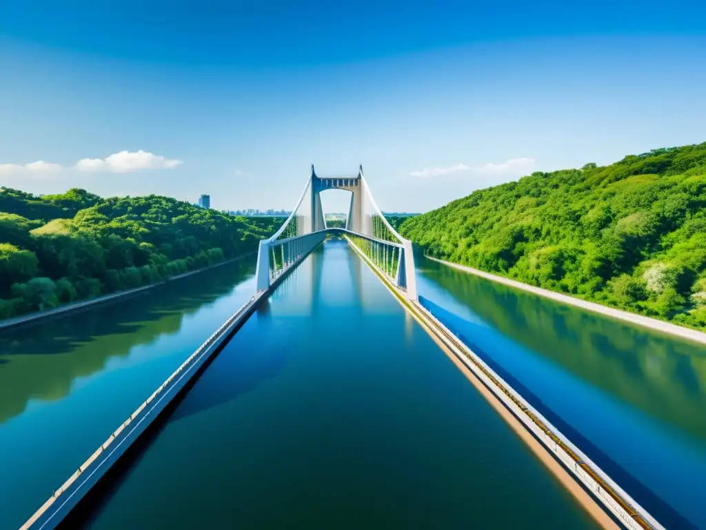 Una impresionante vista de un puente moderno sobre un río, resaltando su arquitectura y detalles estructurales