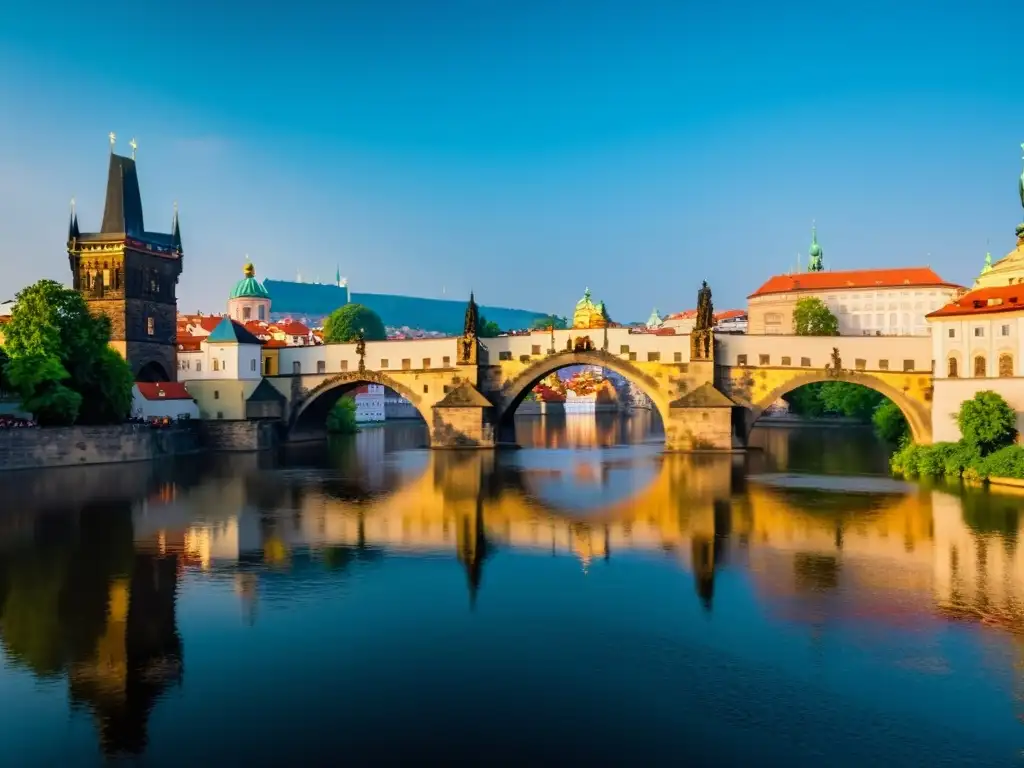 Impresionante vista del Puente de Carlos en Praga, con el Vltava fluyendo suavemente y visitantes paseando