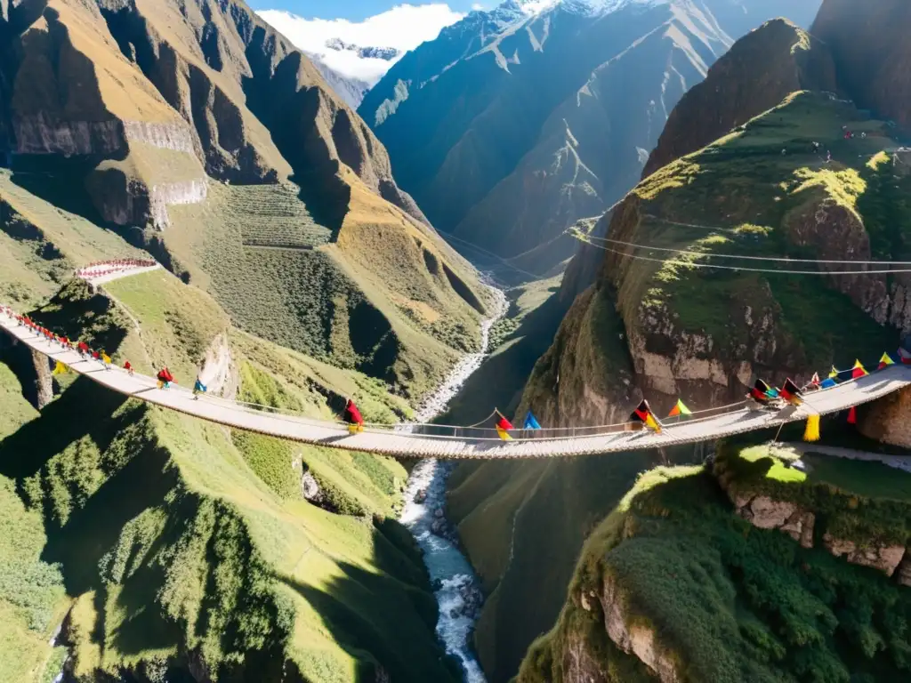 Impresionantes puentes colgantes incas en los Andes, tejidos con hierbas y cuerdas, con gente cruzándolos