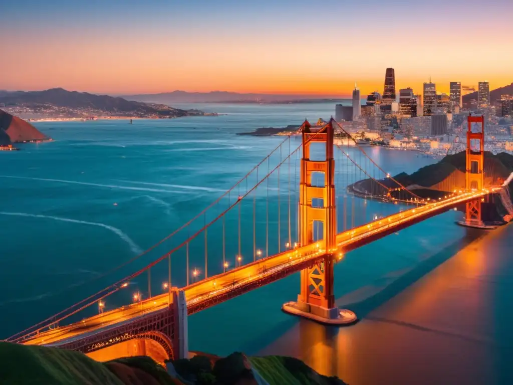 Increíble puente Golden Gate en San Francisco al atardecer, destacando su icónico color naranja