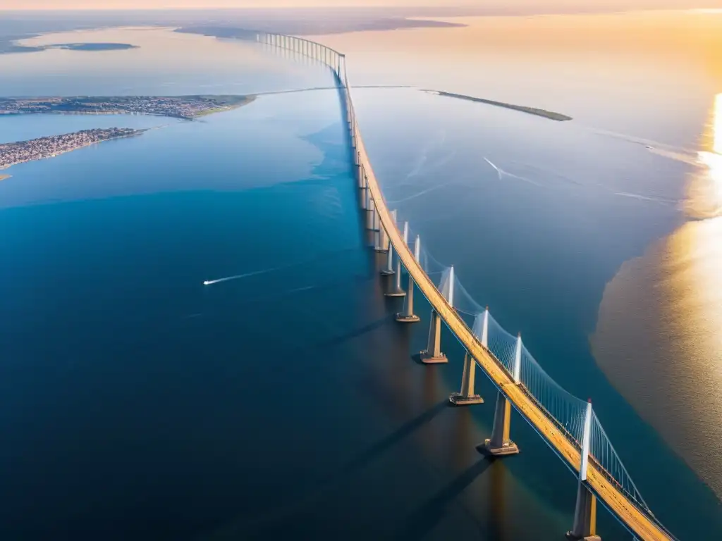 Increíble puente Øresund, con influencia de la mitología nórdica, se alza majestuoso sobre el agua al atardecer, bañado en cálido resplandor dorado