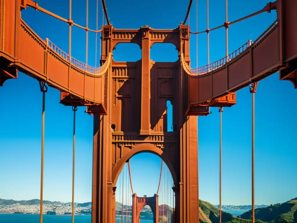 Influencia cultural: impresionante vista del Puente Golden Gate desde abajo, resaltando su estructura de acero y contraste con el cielo y el agua