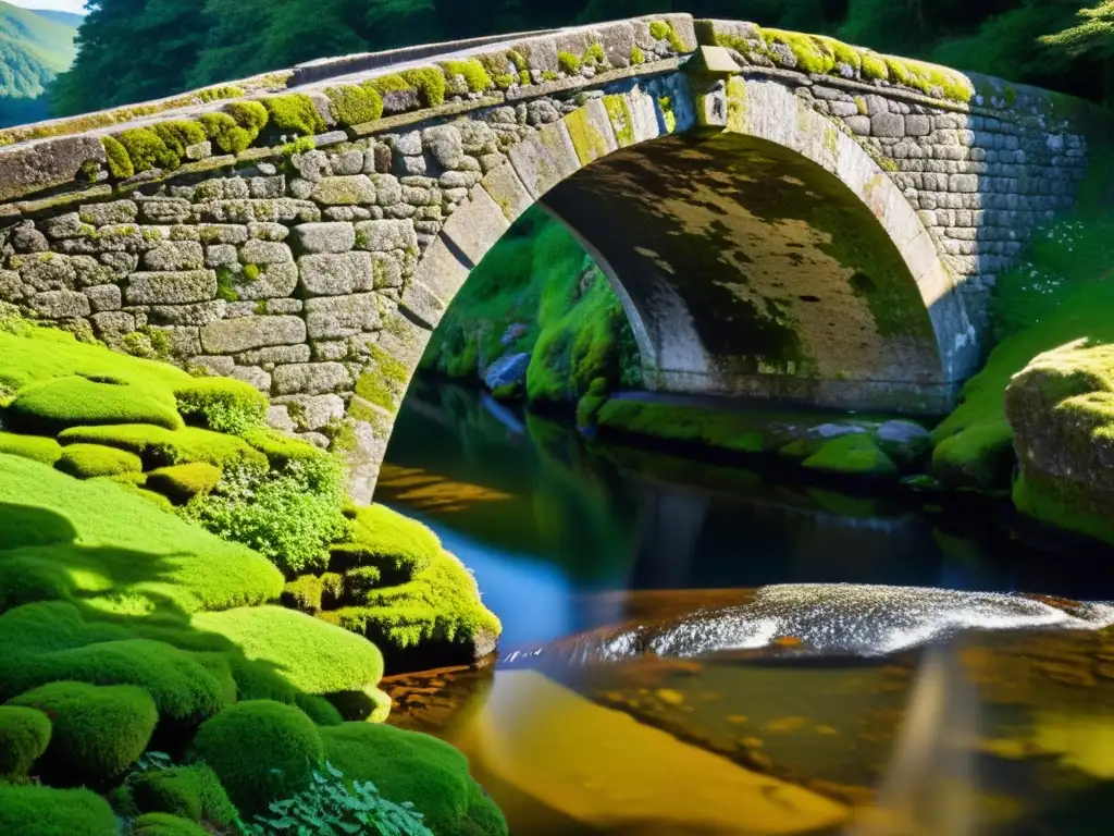 Influencia cultural: puente histórico de piedra cubierto de musgo, bañado por la cálida luz del sol, reflejando su belleza atemporal