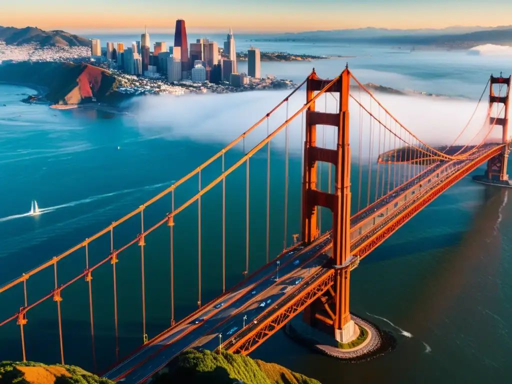 Influencia cultural: puente impresionante sobre la bahía de San Francisco, envuelto en la niebla con su distintivo tono rojo anaranjado