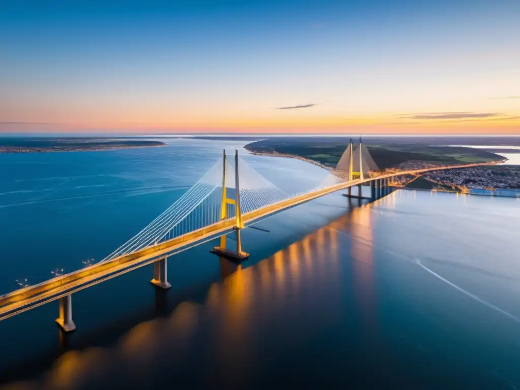 La influencia de la mitología nórdica se refleja en la majestuosa arquitectura del puente de Oresund, conectando Dinamarca y Suecia en un atardecer épico