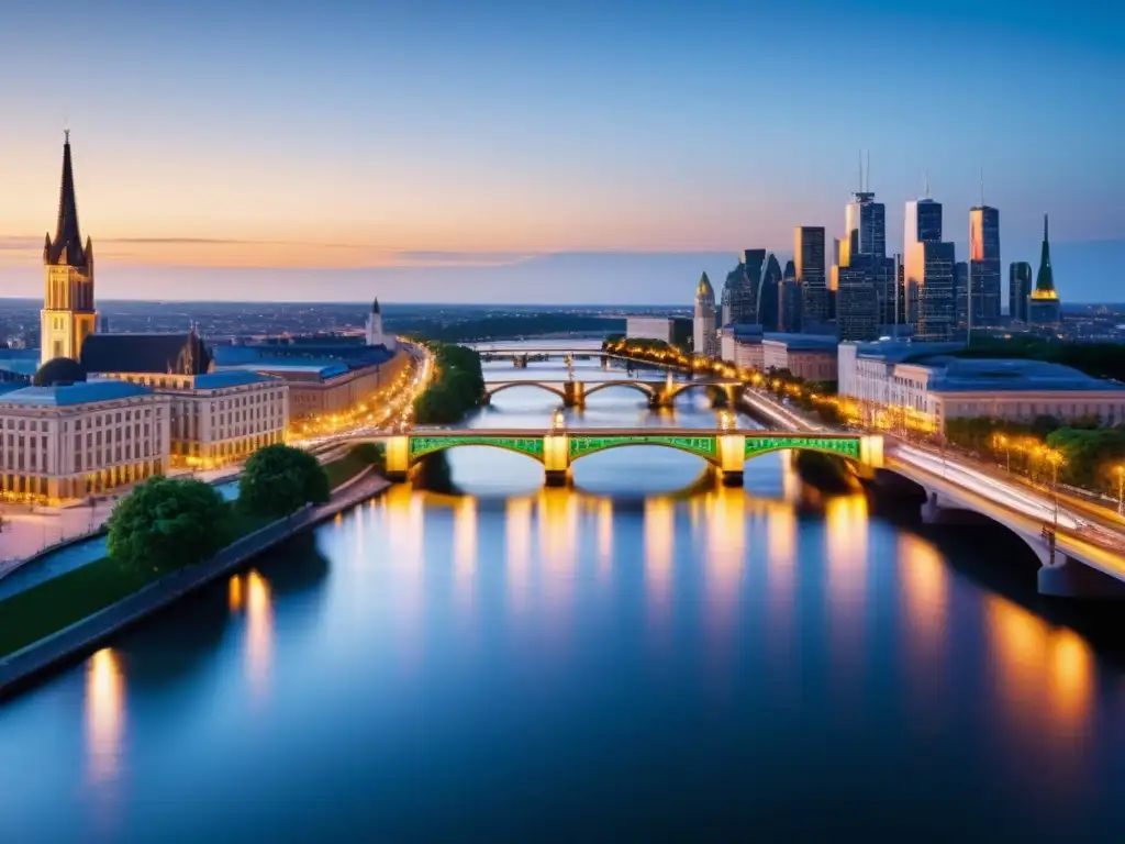 Influencia de los puentes en el arte: Un paisaje urbano moderno al anochecer con puentes iluminados cruzando un río y edificios históricos