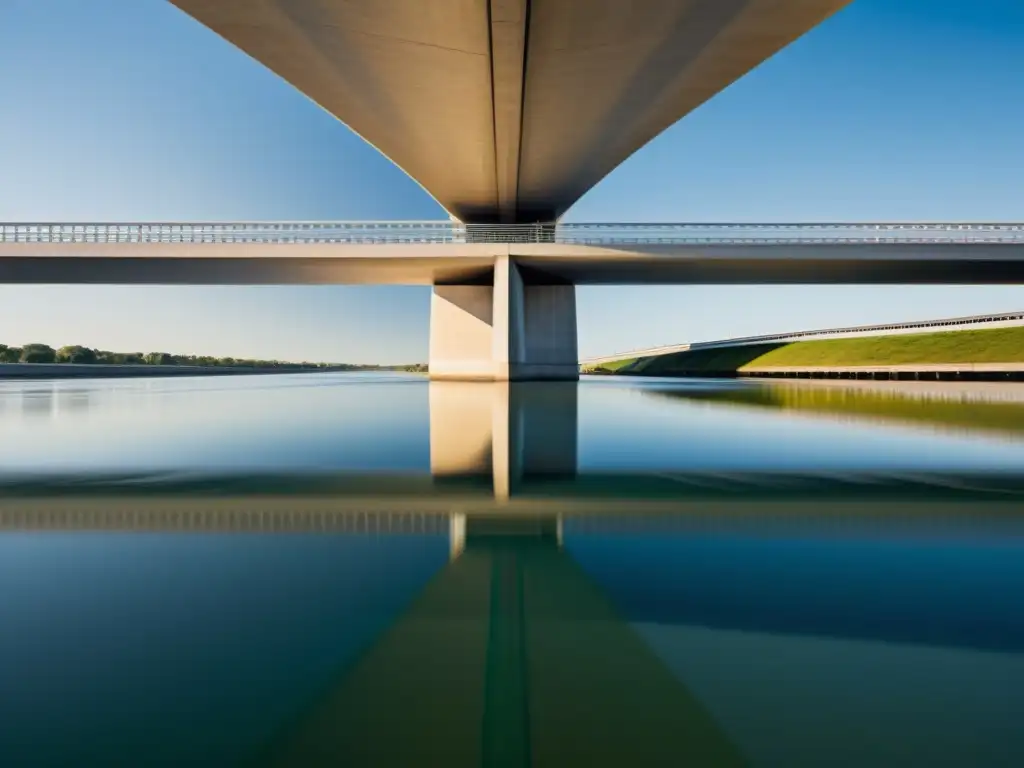 Influencia de los puentes en el arte: Fotografía de puente moderno sobre río, destacando sus líneas y detalles arquitectónicos, reflejándose en aguas calmadas