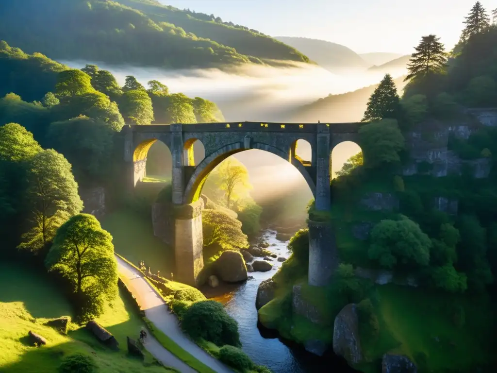 Influencia de puentes en cultura: antiguo puente de piedra cubierto de musgo, iluminado por el sol poniente, con figuras talladas y una atmósfera de grandeza eterna