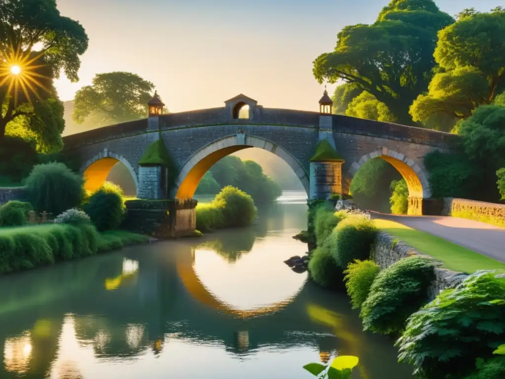 Influencia de puentes en cultura: Puente de piedra antiguo sobre río tranquilo al atardecer, rodeado de exuberante vegetación y figuras paseando