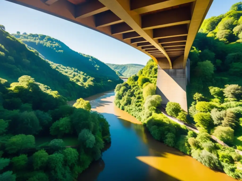 Influencia de puentes en fotografía paisajes: Puente majestuoso sobre río, con luz solar creando sombras y realzando detalles arquitectónicos