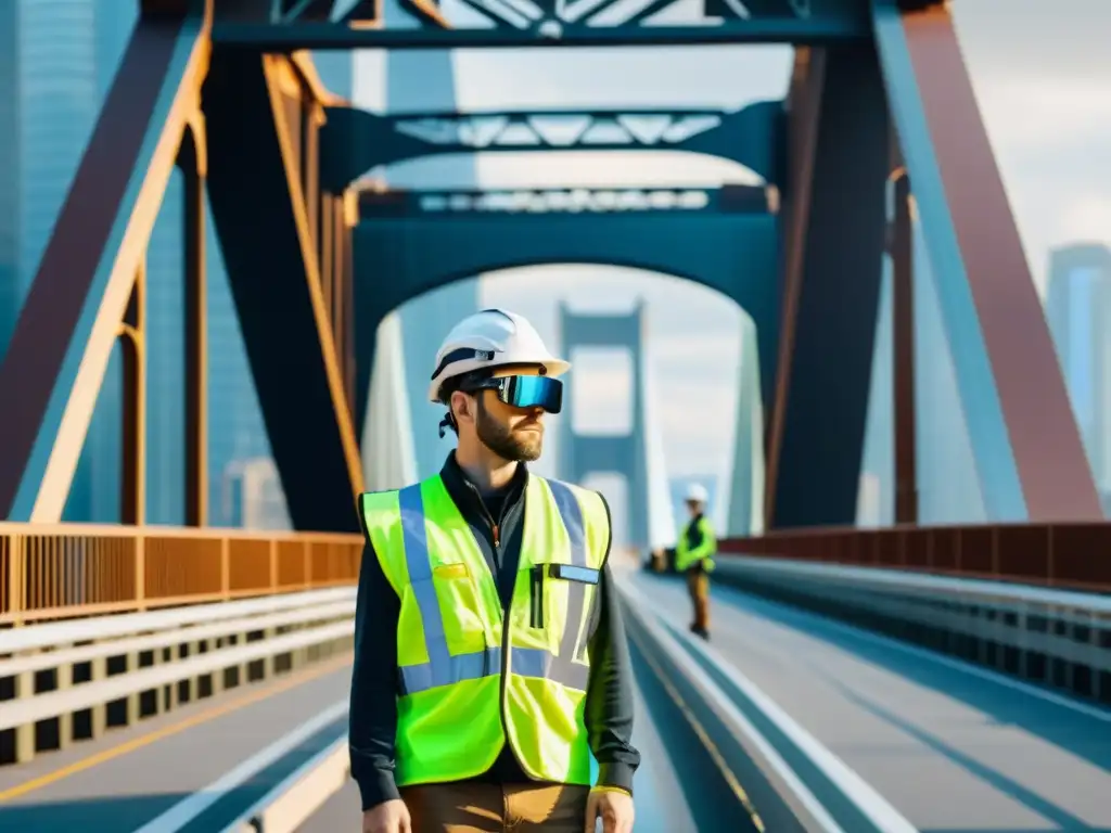 Un ingeniero con casco de realidad mixta inspecciona un puente icónico mientras su equipo lo rodea, mostrando datos en hologramas