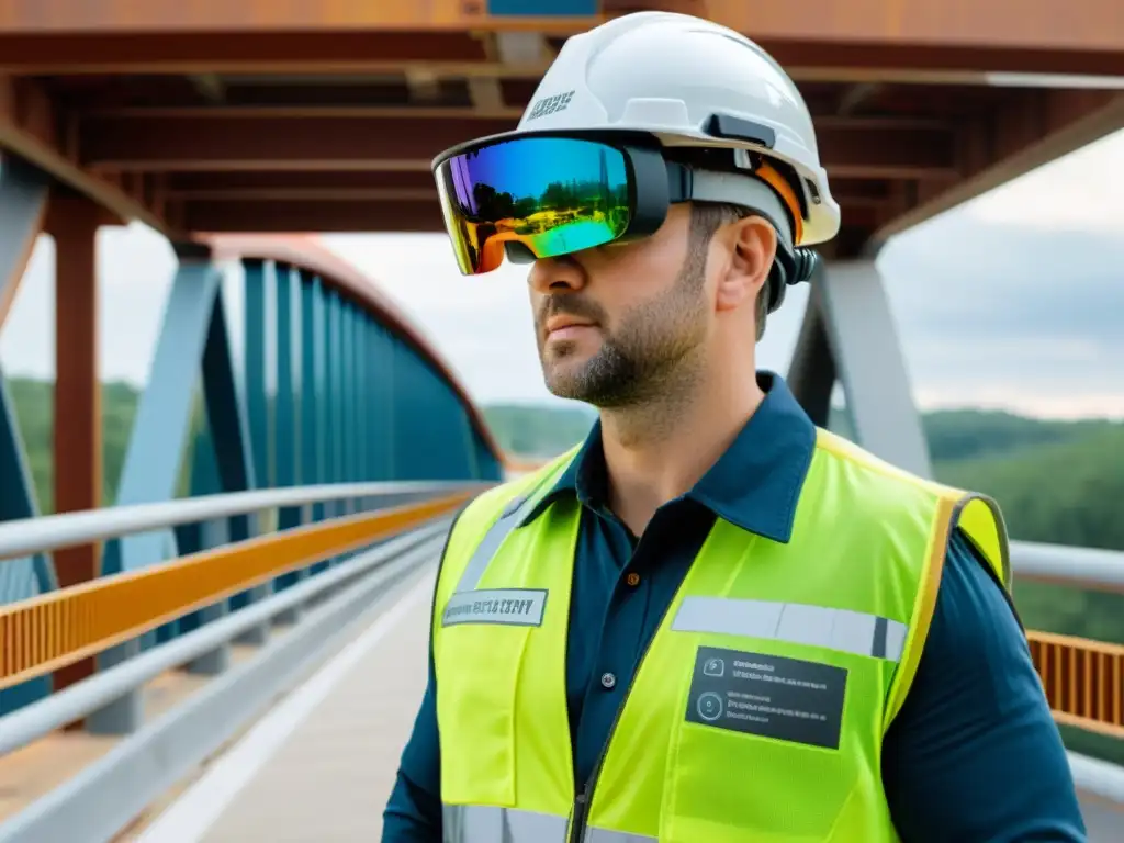 Un ingeniero civil inspecciona un puente con tecnología de Realidad Aumentada, mostrando innovaciones en la ingeniería civil