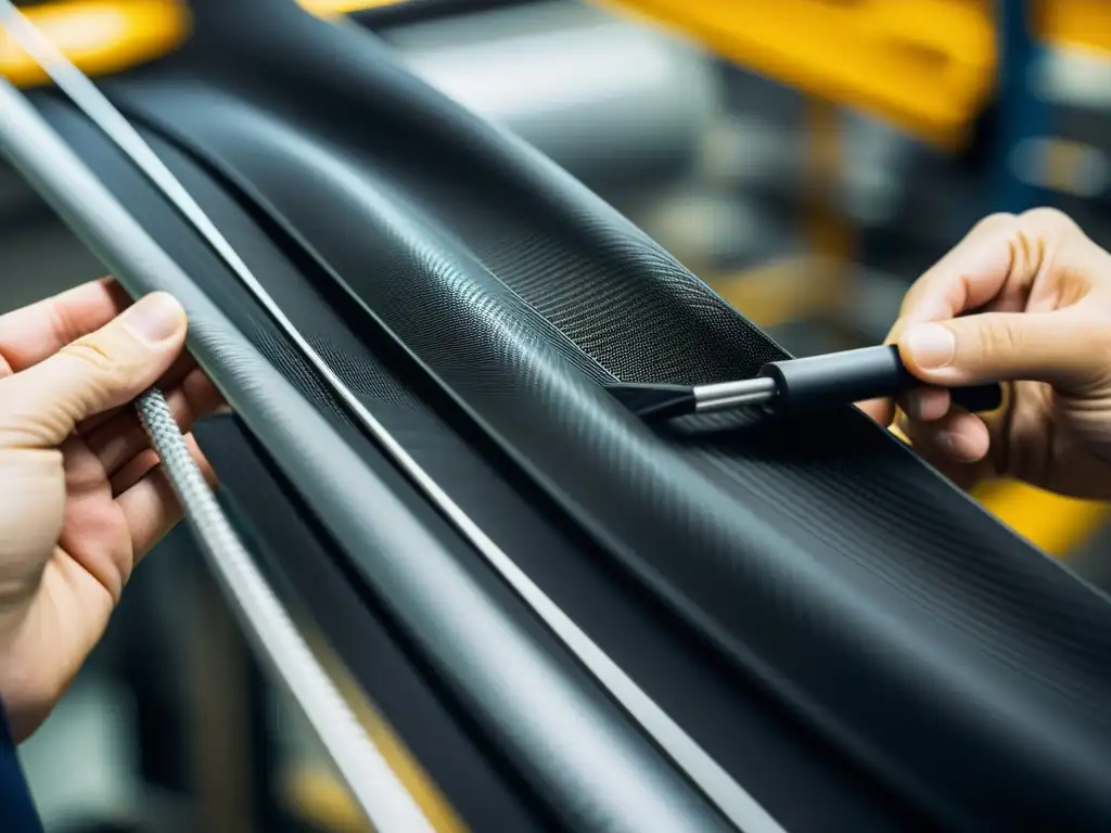 Un ingeniero experto teje con precisión cables de fibra de carbono para puentes colgantes con avanzada tecnología y destreza artesanal