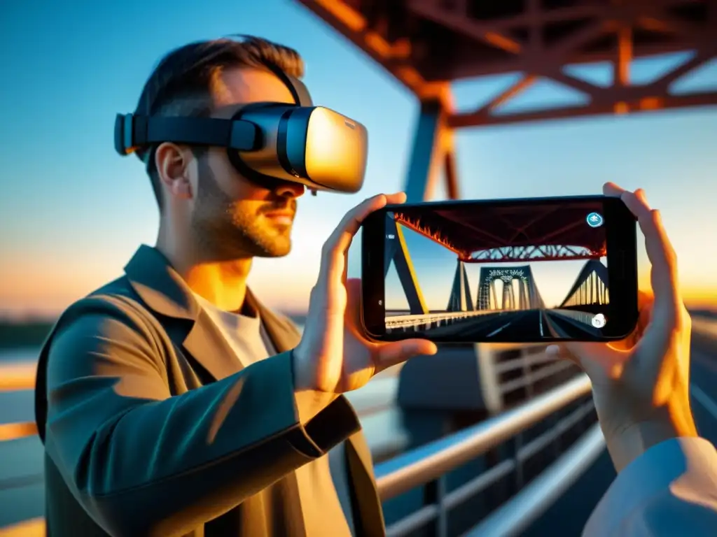 Un ingeniero sostiene un smartphone con una app de exploración de puentes en realidad virtual