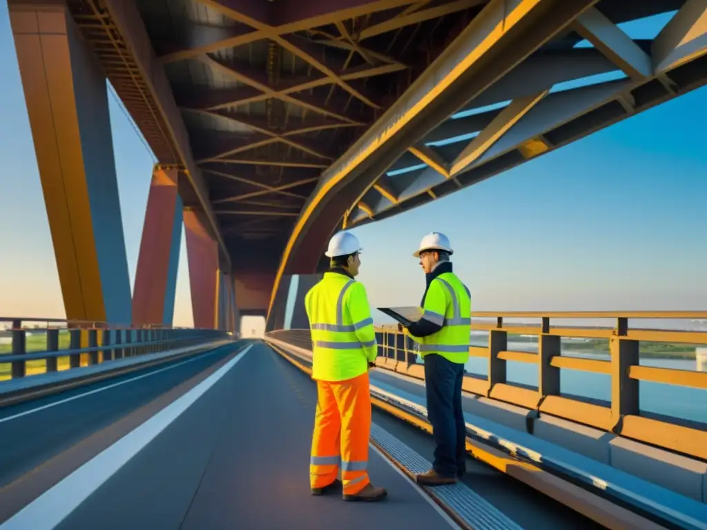 Ingenieros en curso de mantenimiento de puentes, realizando soldadura, pintura y análisis estructural con precisión y profesionalismo