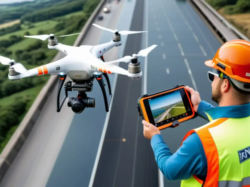 Ingenieros usando drones para mantenimiento inteligente de puentes, con análisis de datos en sala de control