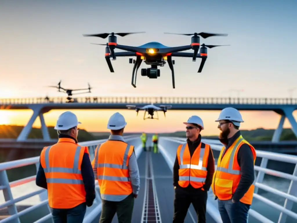 Ingenieros con drones inspeccionando un puente al atardecer