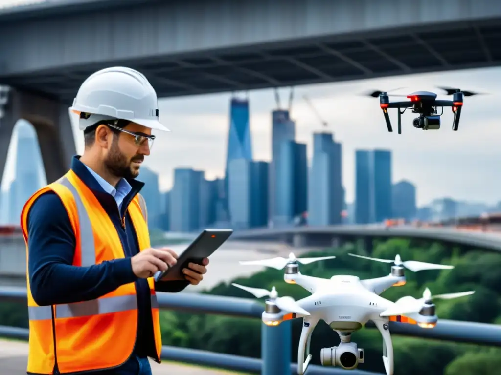 Ingenieros con drones inspeccionando y manteniendo un puente