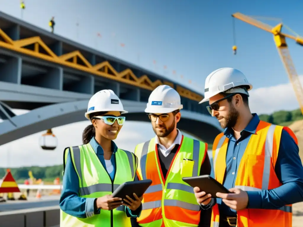 Ingenieros usando gafas de Realidad Aumentada inspeccionan un puente en construcción