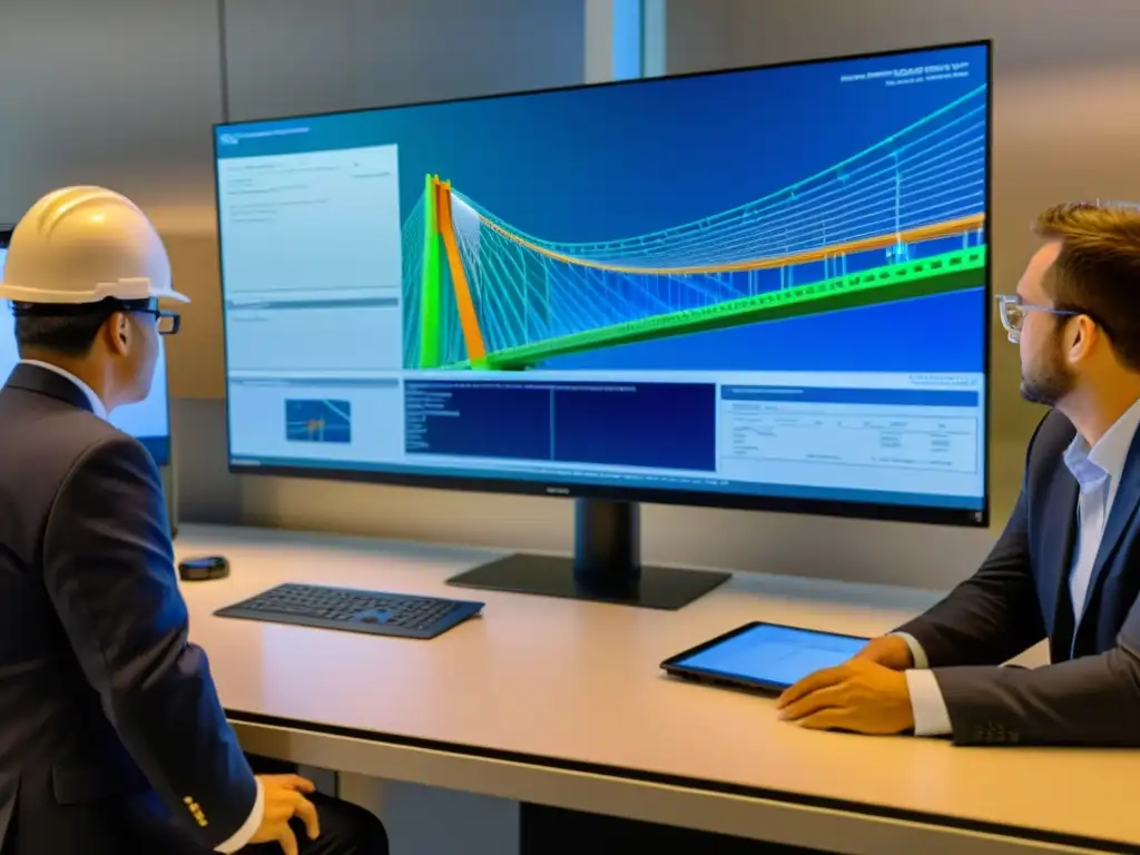 Ingenieros utilizando herramientas interactivas para explorar puentes con intensa colaboración y enfoque profesional