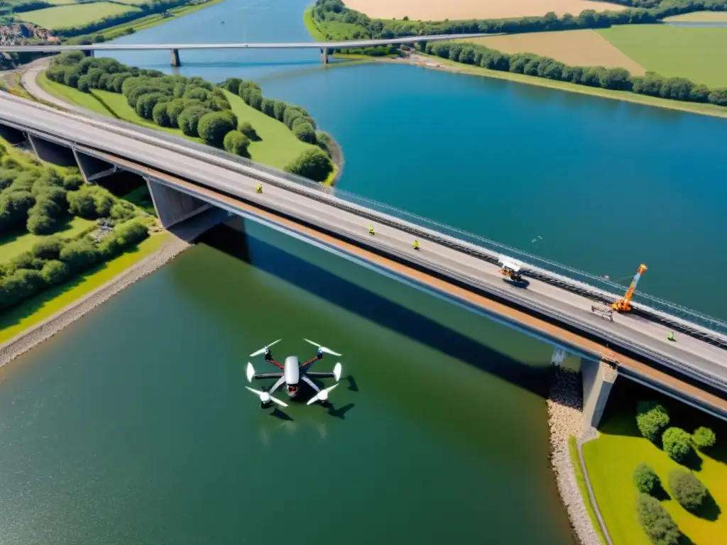 Ingenieros realizando inspección de puentes con drones, mostrando profesionalismo y precisión en la innovadora tecnología de inspección de puentes