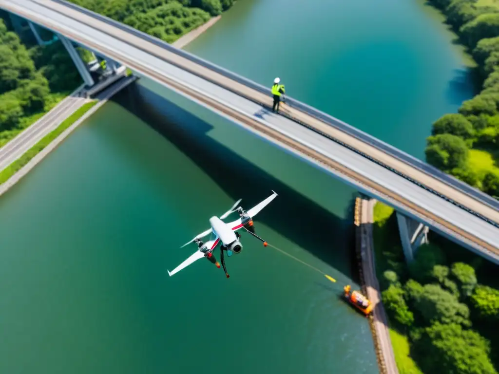 Ingenieros realizan mantenimiento innovador en estructuras de puentes con drones, destacando precisión y tecnología avanzada