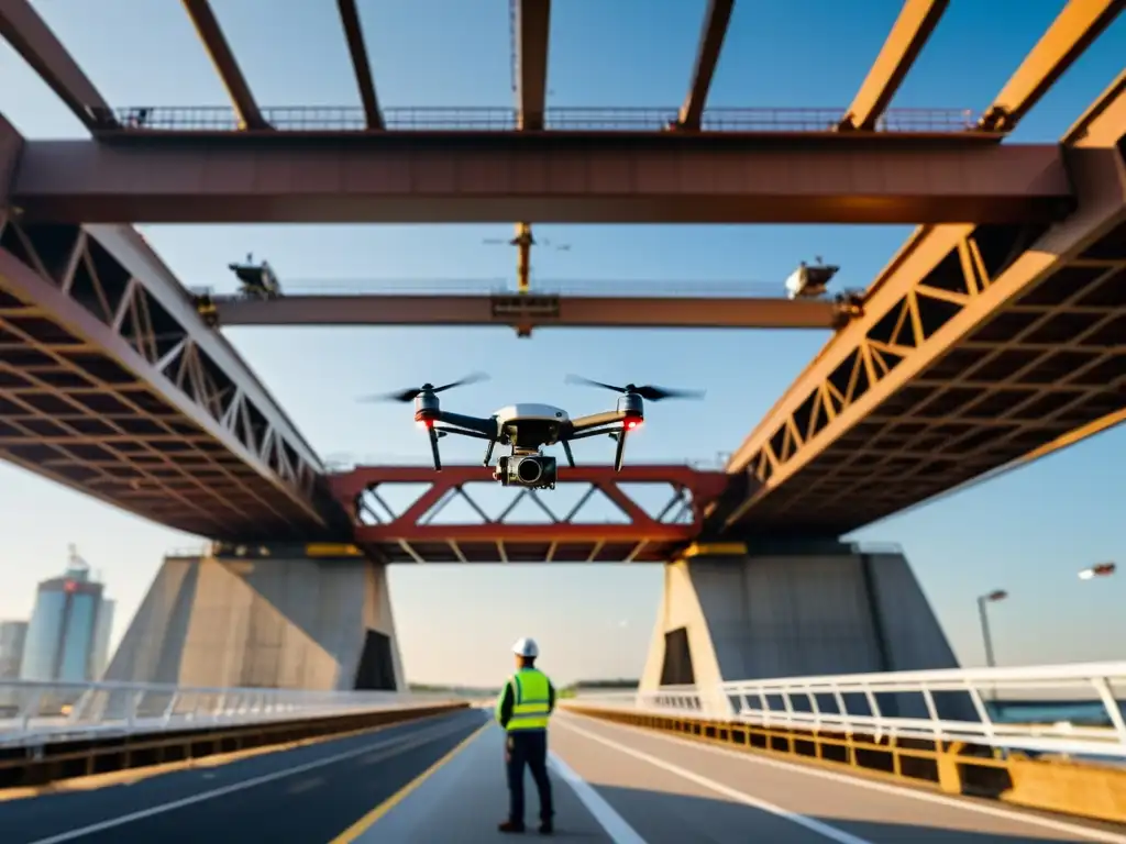 Ingenieros realizando mantenimiento innovador en puente con drones, mostrando precisión y tecnología moderna