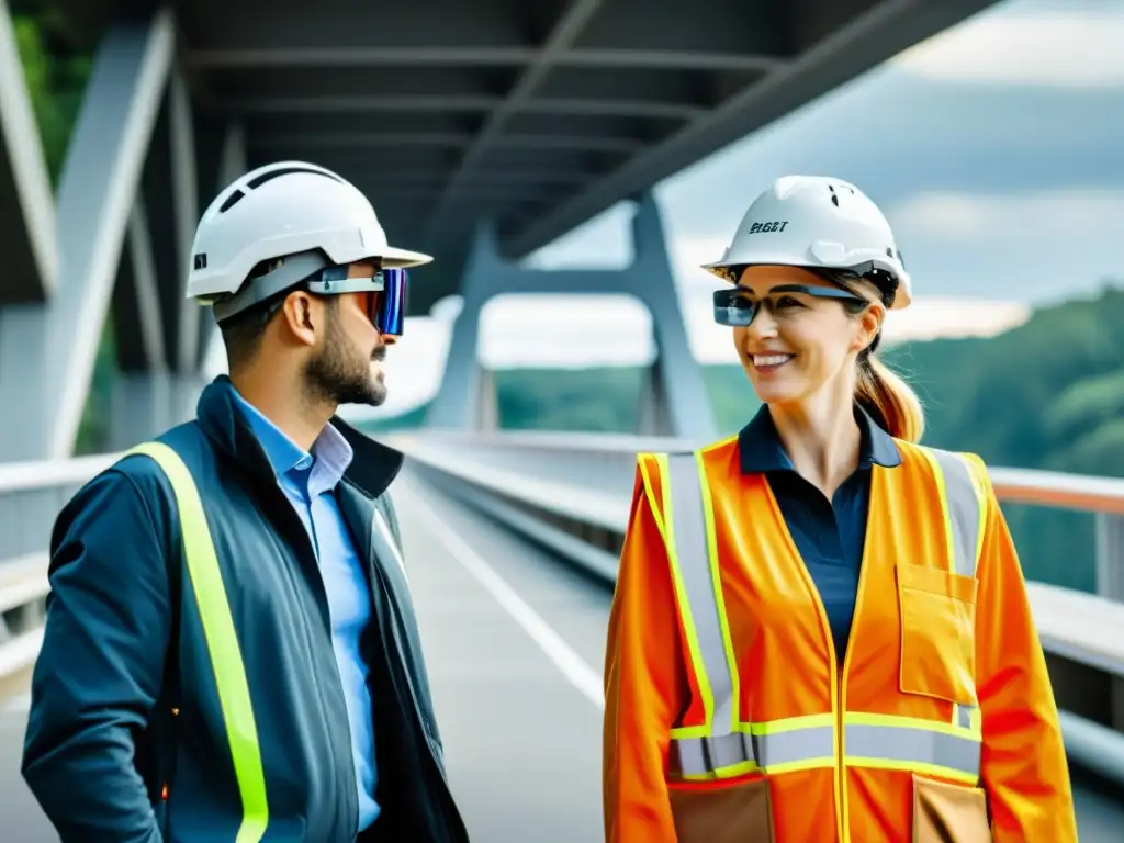 Ingenieros realizando mantenimiento predictivo en un puente con realidad aumentada, mezclando tecnología avanzada y trabajo manual