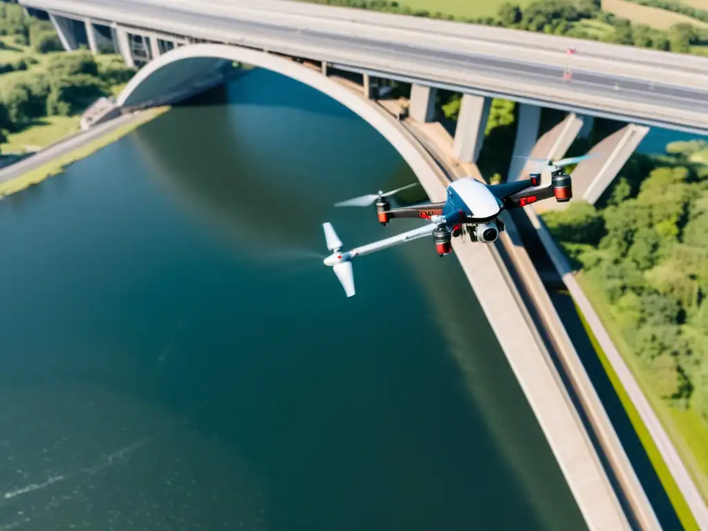 Ingenieros realizando mantenimiento de puentes con drones, inspeccionando la estructura detalladamente