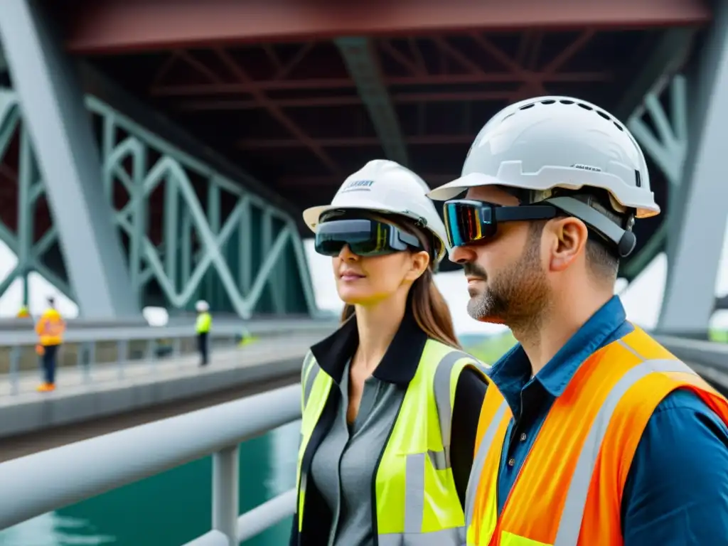 Ingenieros de mantenimiento de puentes usando realidad aumentada para inspección detallada