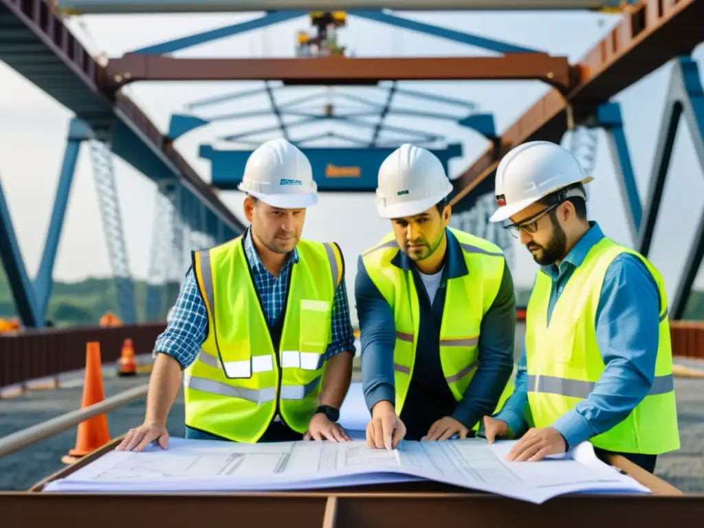 Ingenieros en preparación intensiva de puentes, revisando detalladamente la estructura y planos en una mesa iluminada por luz natural