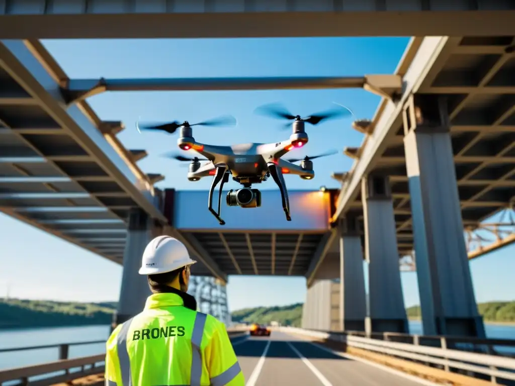 Ingenieros inspeccionando un puente con drones, capturando cada detalle bajo el sol